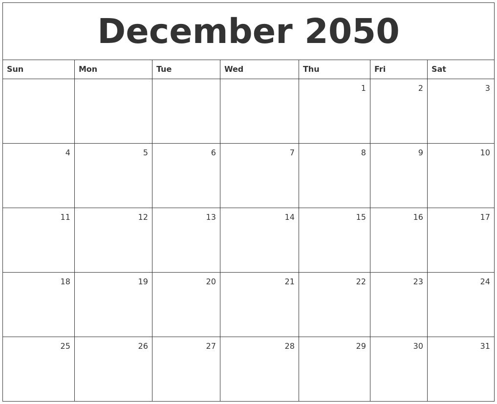 December 2050 Monthly Calendar