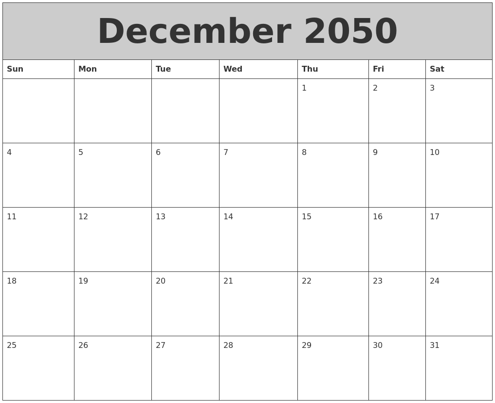 December 2050 My Calendar