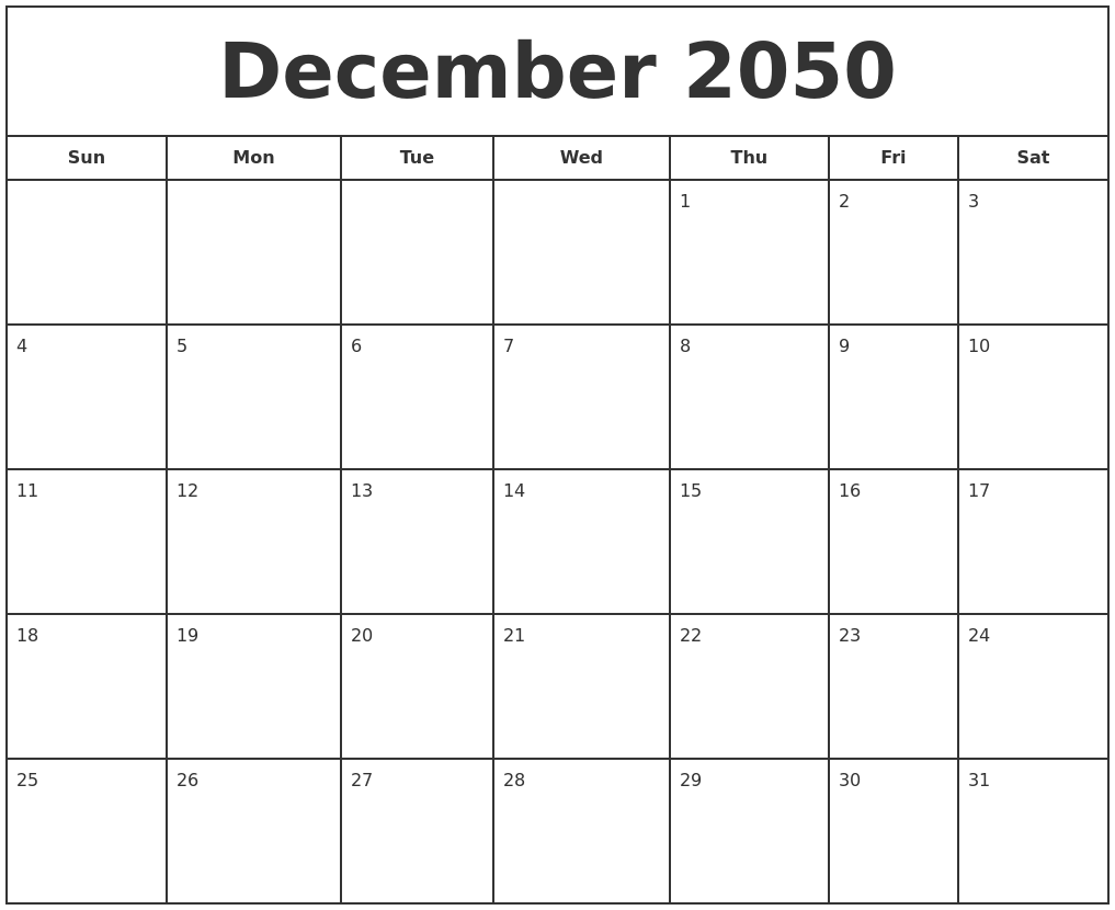 December 2050 Print Free Calendar