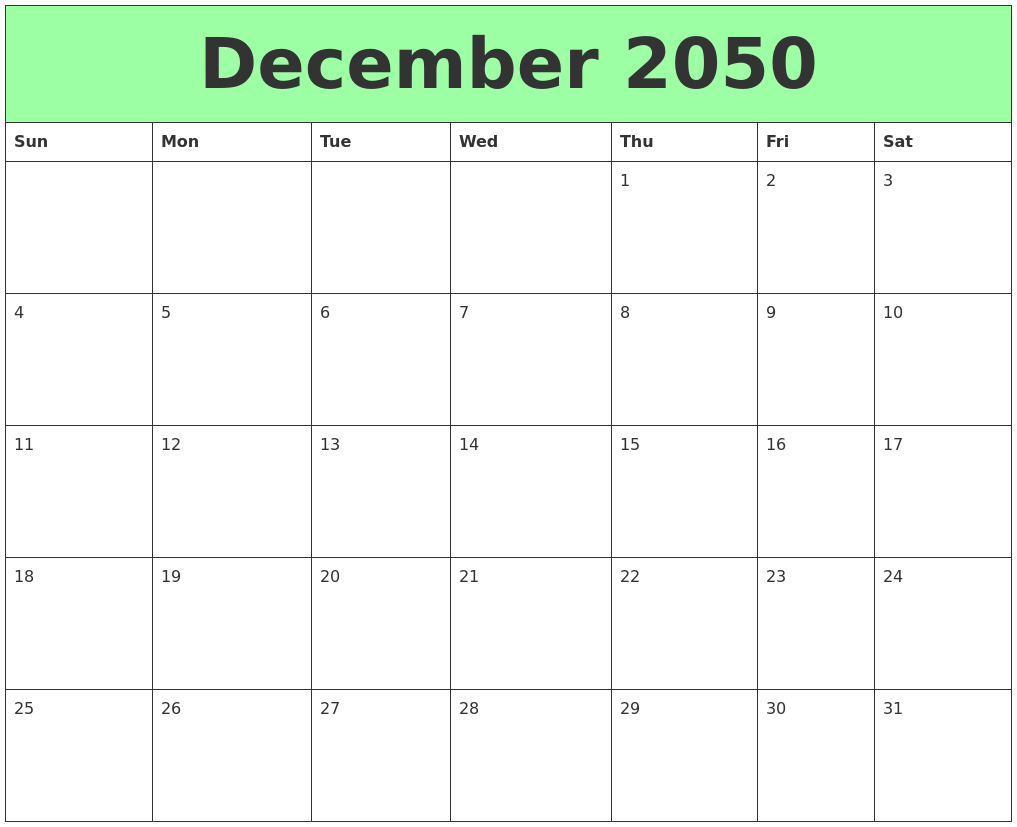 December 2050 Printable Calendars