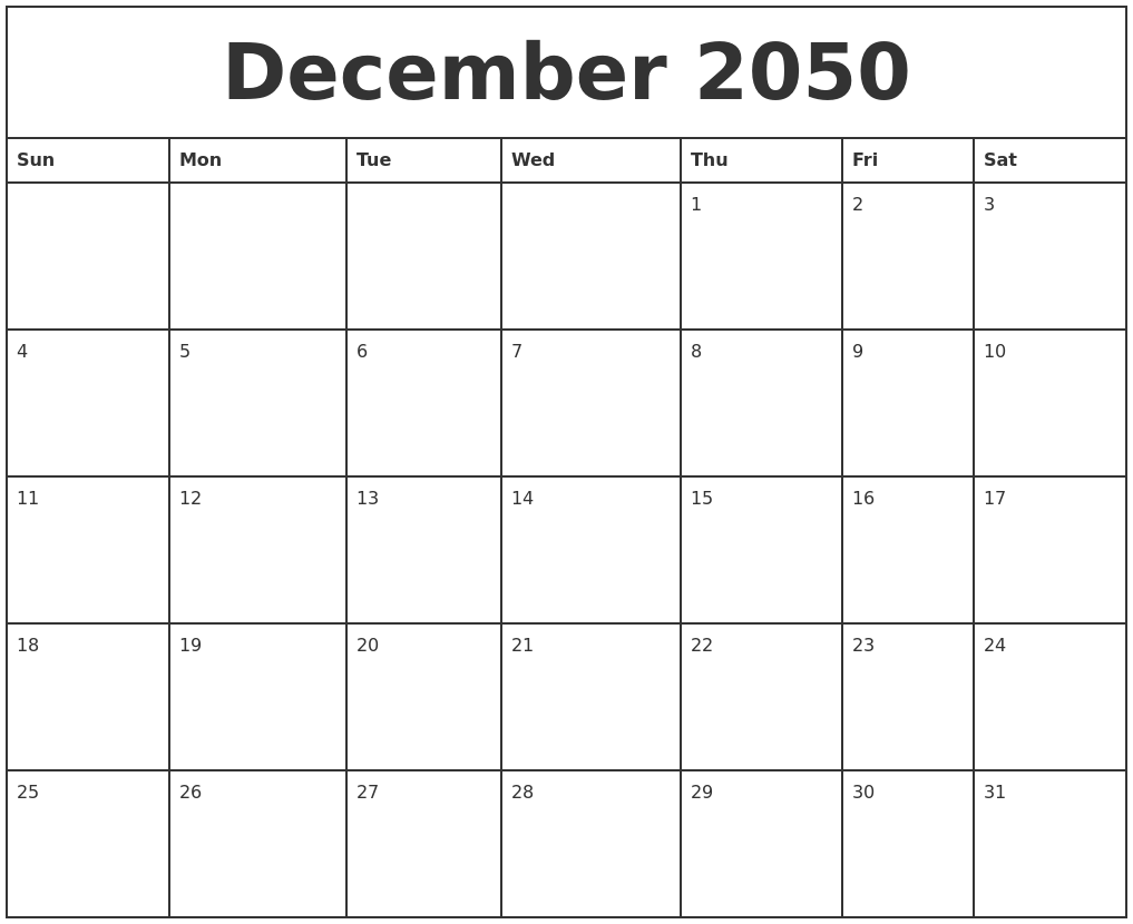 December 2050 Printable Monthly Calendar