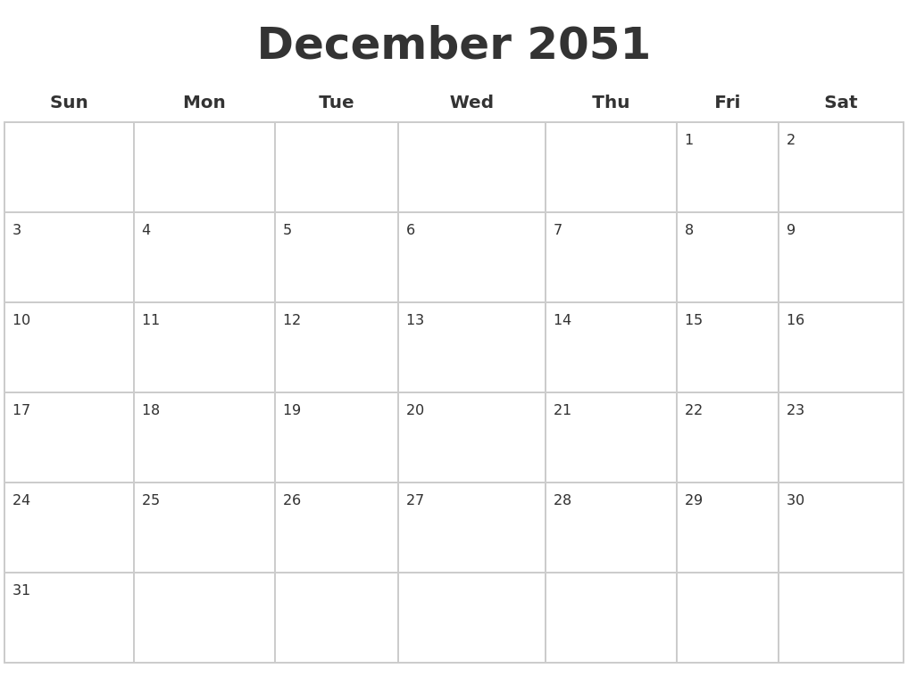 December 2051 Blank Calendar Pages