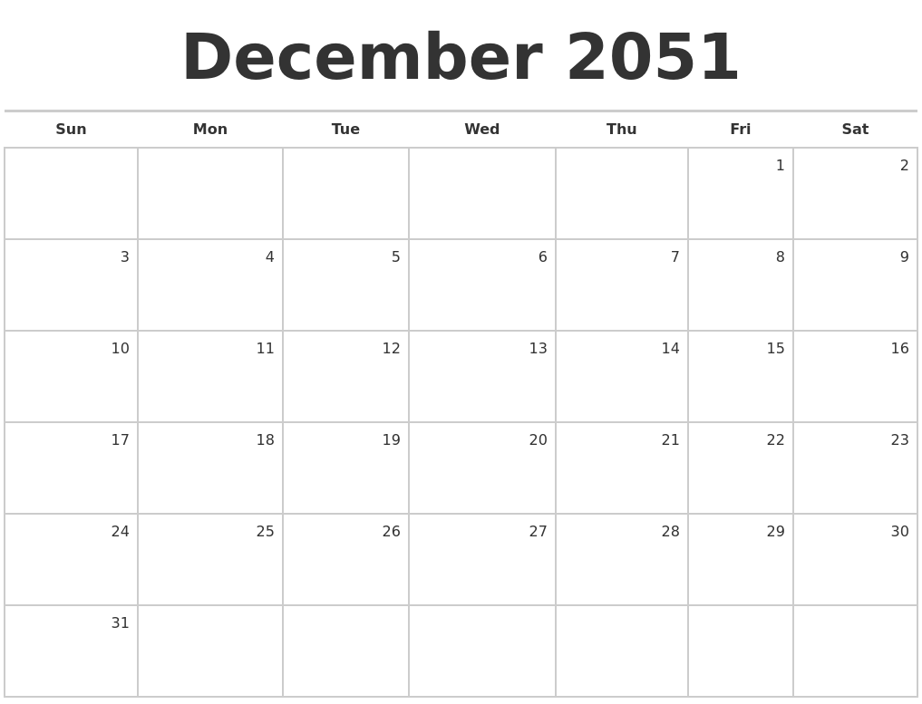 December 2051 Blank Monthly Calendar
