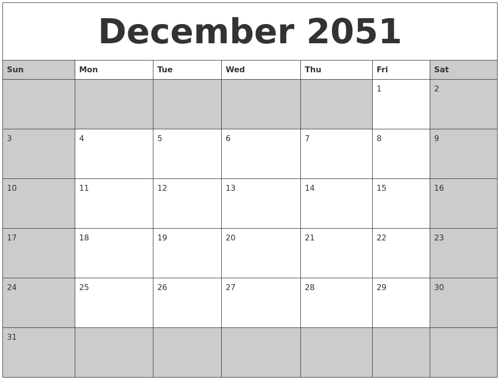 December 2051 Calanders