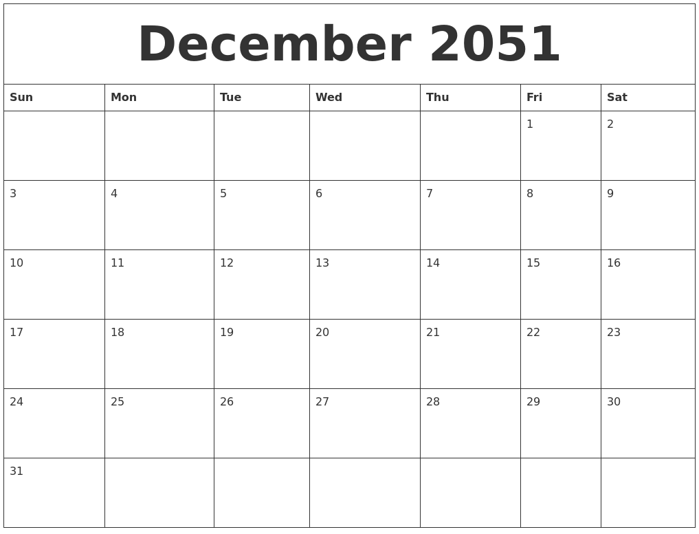 December 2051 Calendar For Printing