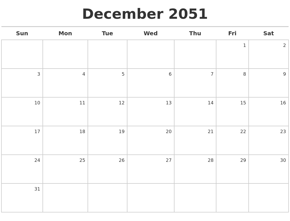 December 2051 Calendar Maker
