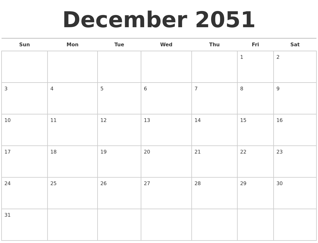 December 2051 Calendars Free