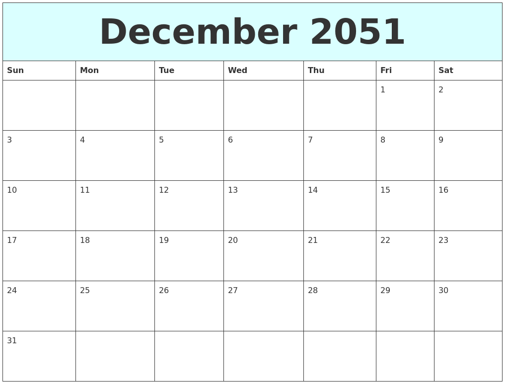 December 2051 Free Calendar