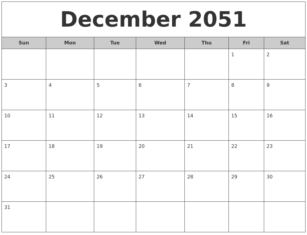 December 2051 Free Monthly Calendar