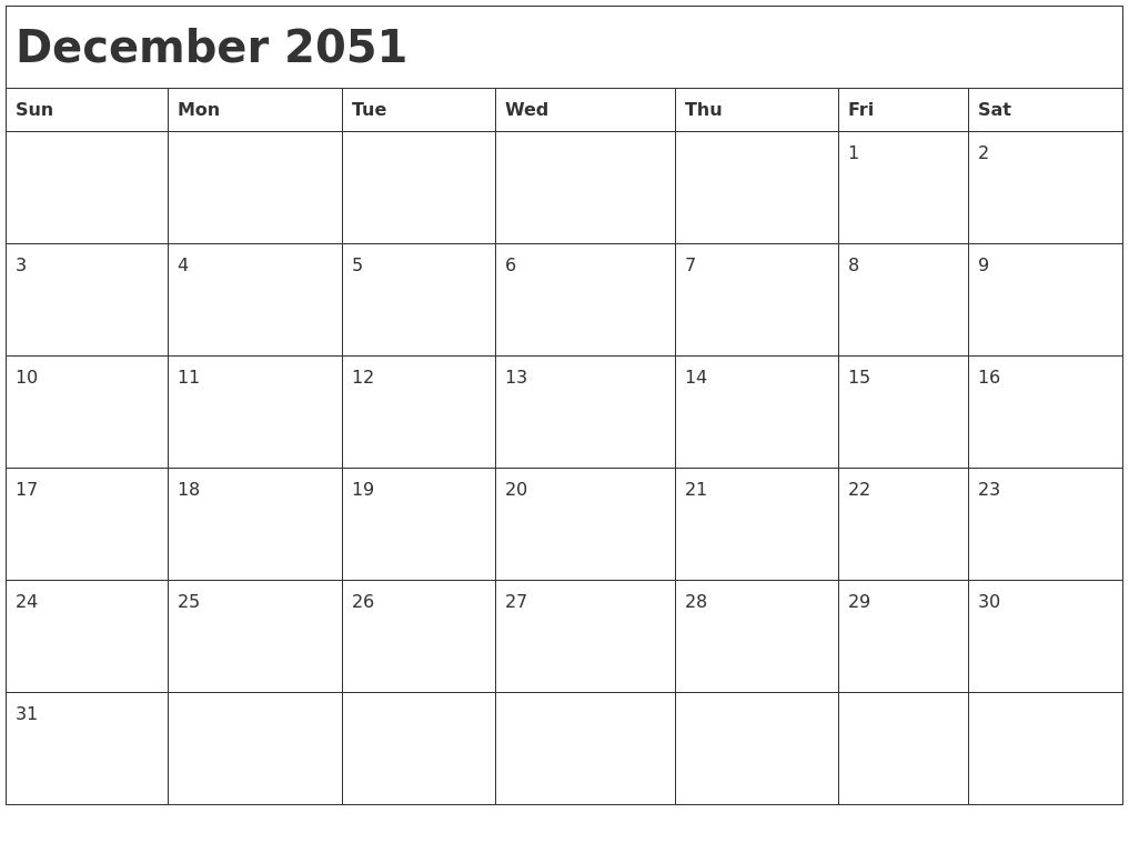 December 2051 Month Calendar