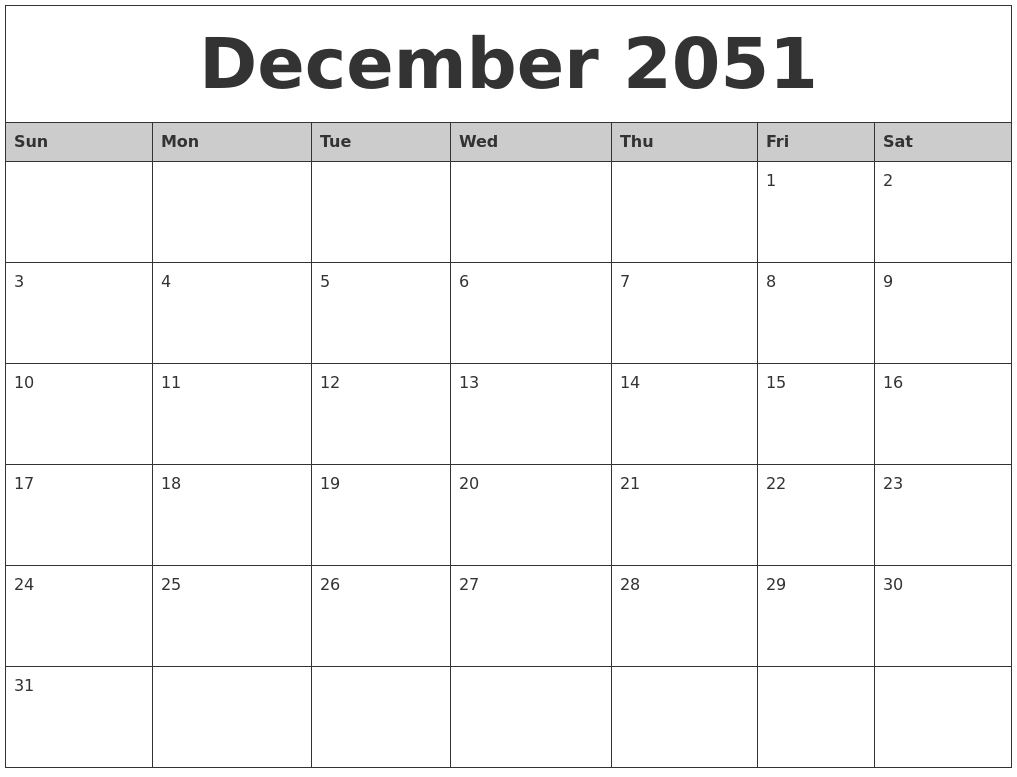 December 2051 Monthly Calendar Printable