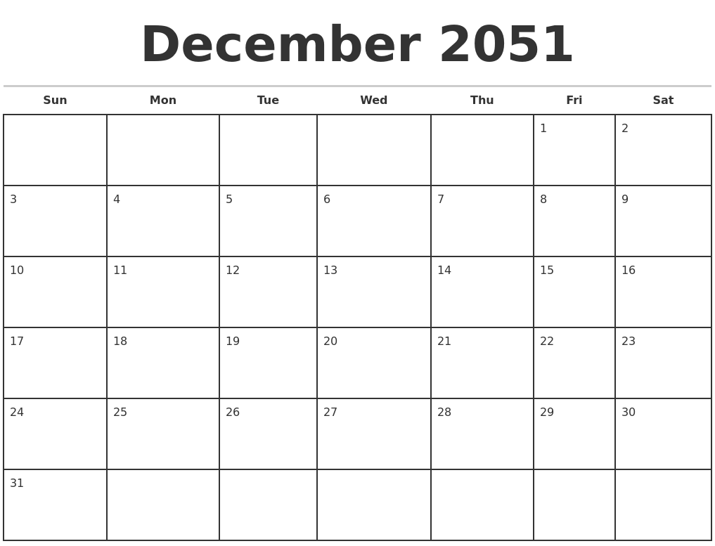 December 2051 Monthly Calendar Template