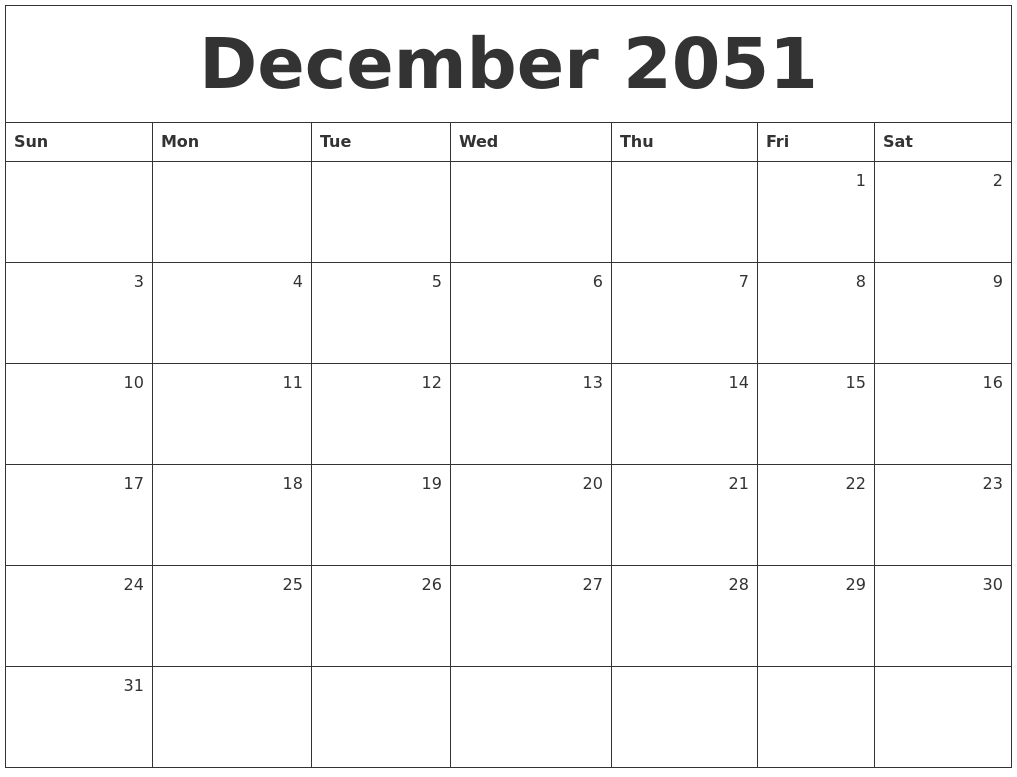 December 2051 Monthly Calendar