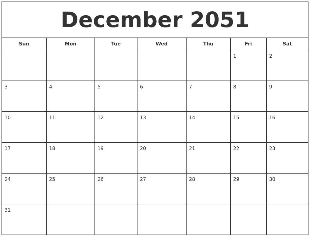 December 2051 Print Free Calendar