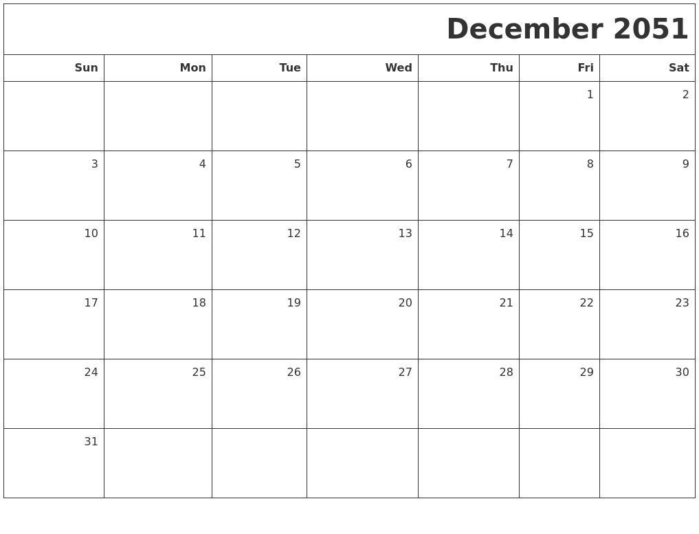 December 2051 Printable Blank Calendar