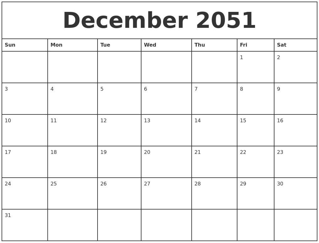December 2051 Printable Monthly Calendar