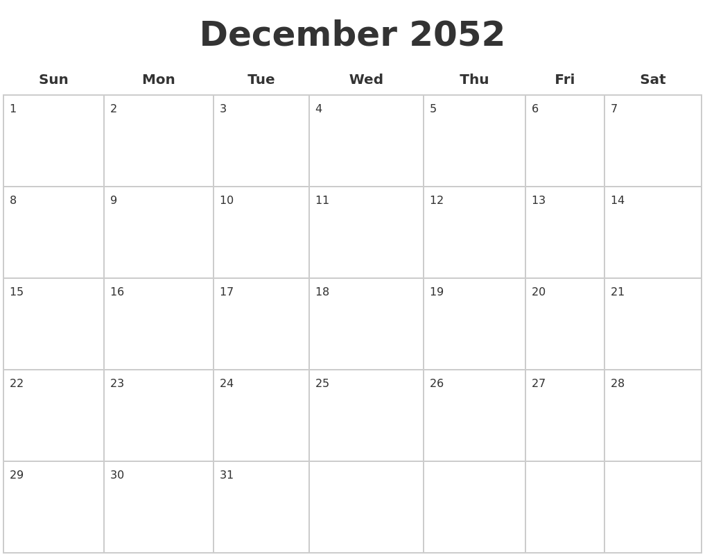 December 2052 Blank Calendar Pages