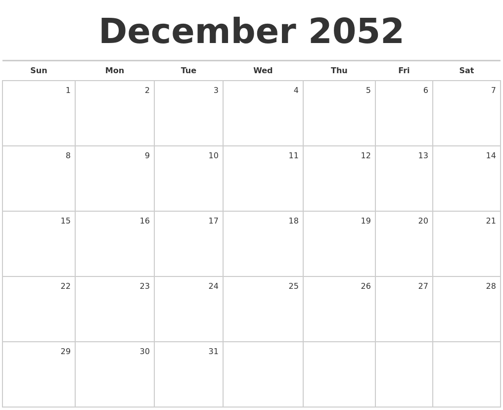 December 2052 Blank Monthly Calendar