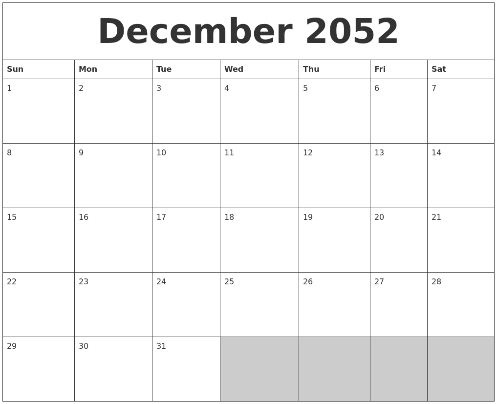 December 2052 Blank Printable Calendar