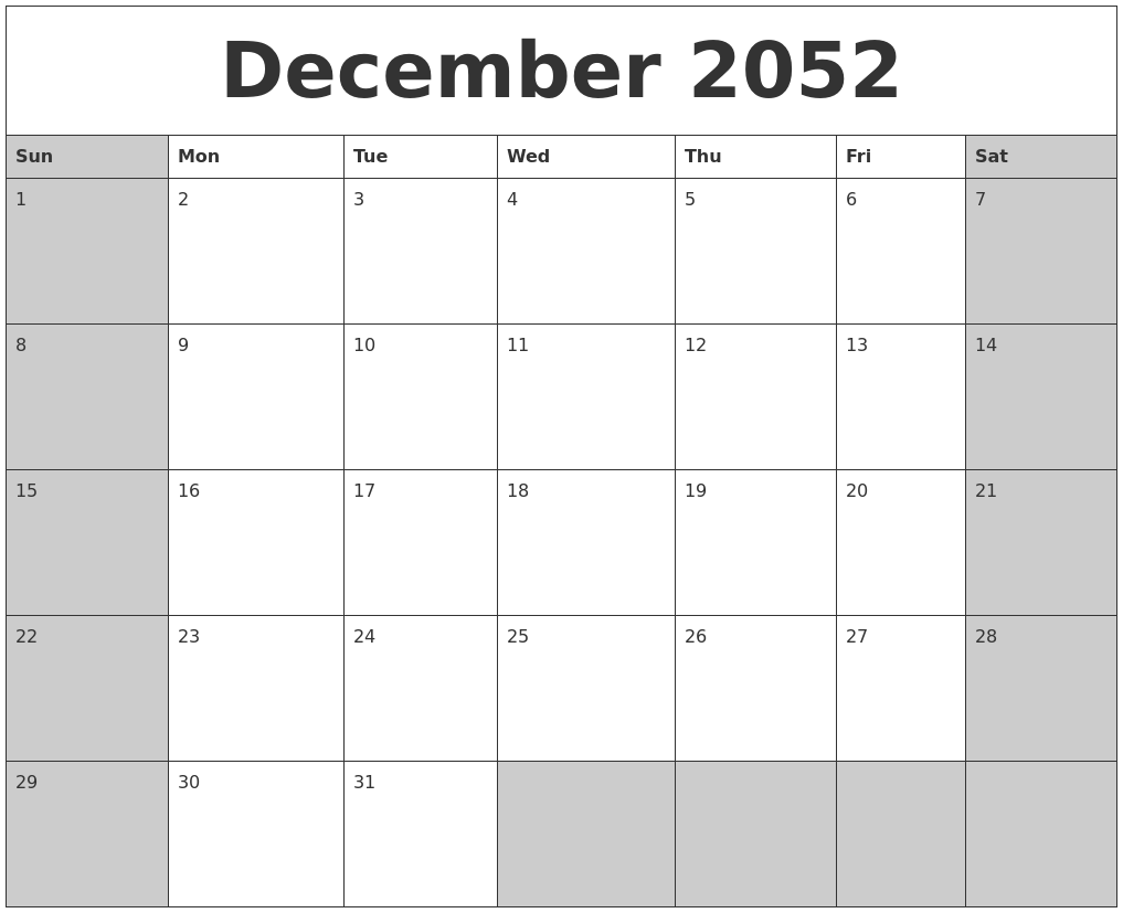 December 2052 Calanders