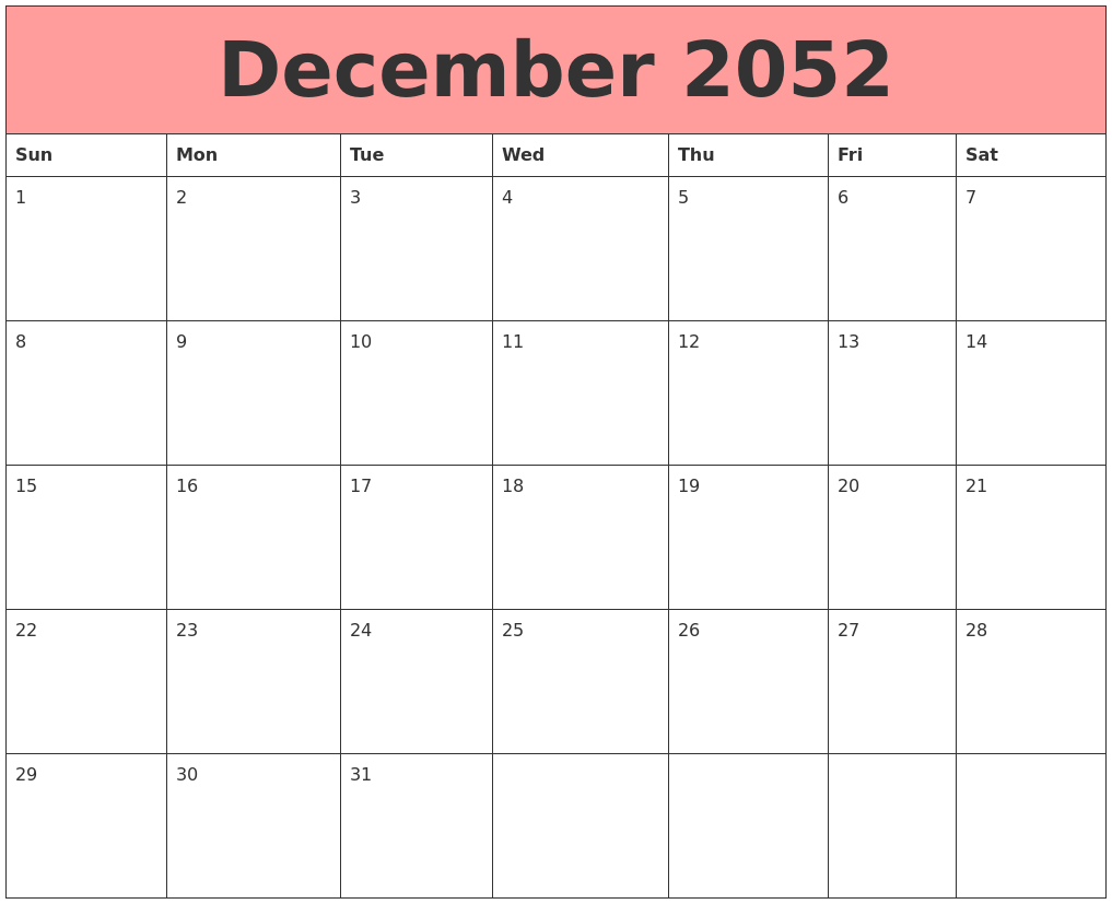 December 2052 Calendars That Work