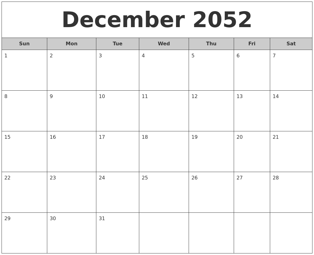 December 2052 Free Monthly Calendar