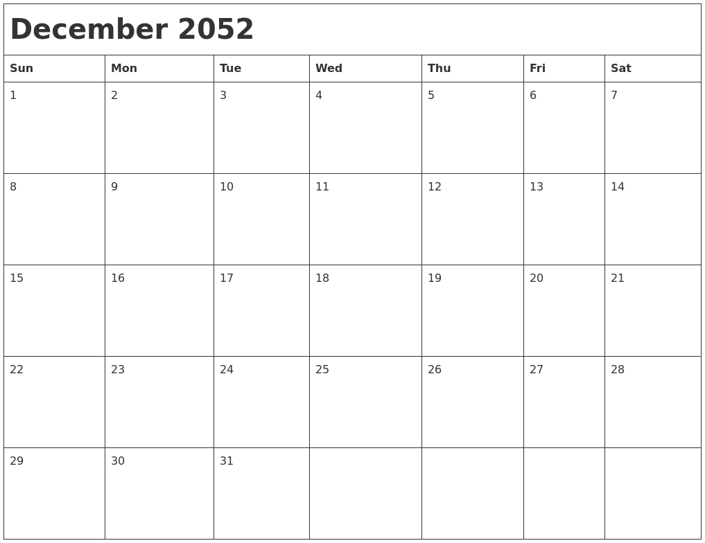 December 2052 Month Calendar