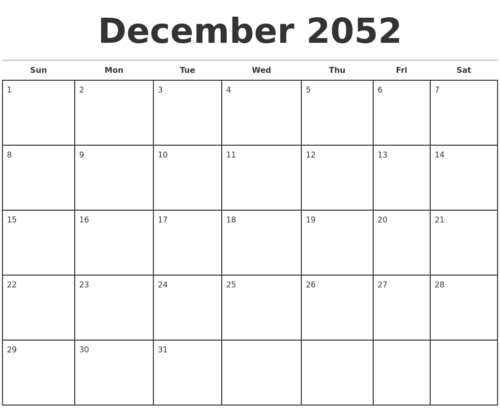 December 2052 Monthly Calendar Template
