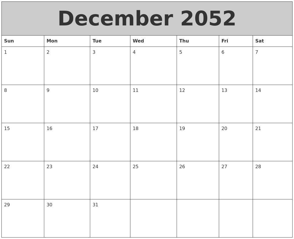 December 2052 My Calendar