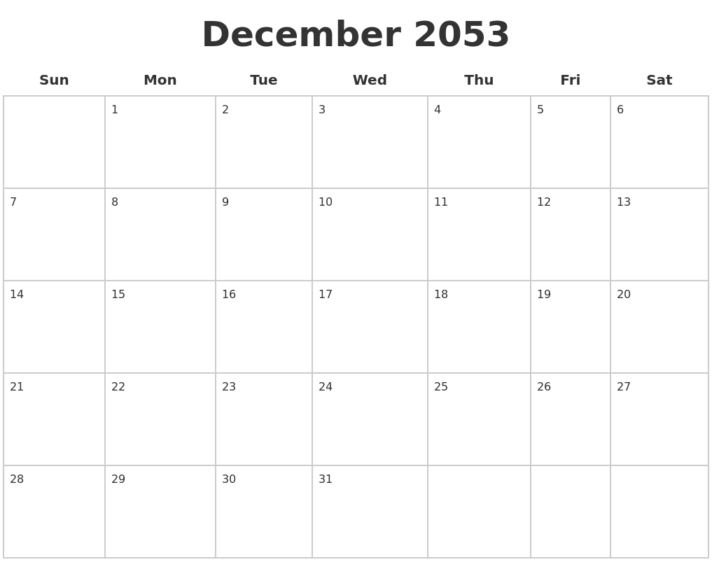 December 2053 Blank Calendar Pages
