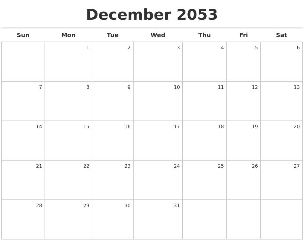 December 2053 Calendar Maker