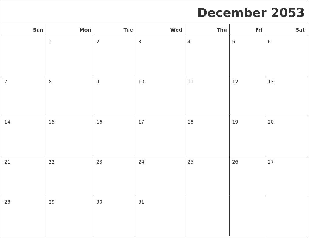 December 2053 Calendars To Print