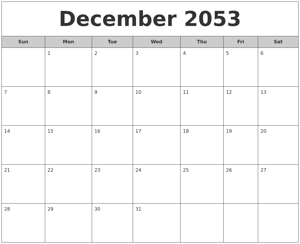 December 2053 Free Monthly Calendar