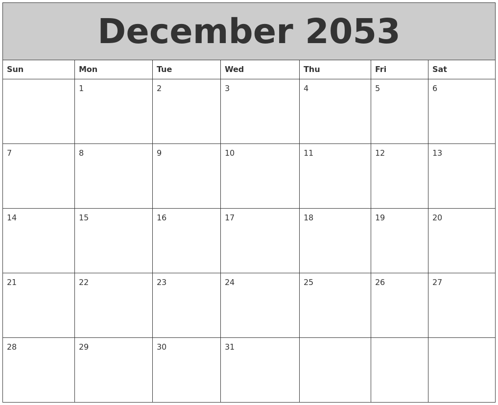 December 2053 My Calendar
