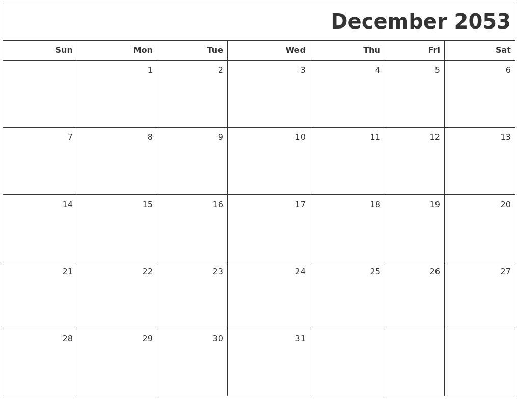 December 2053 Printable Blank Calendar