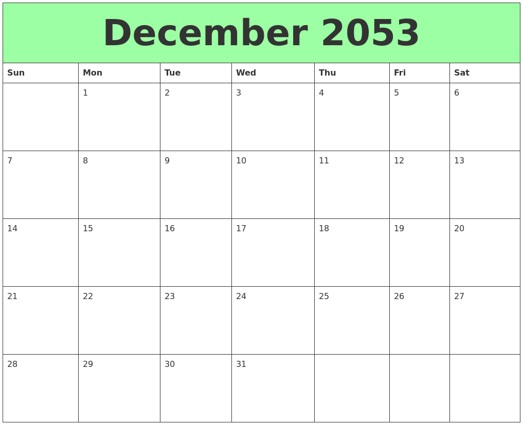 December 2053 Printable Calendars