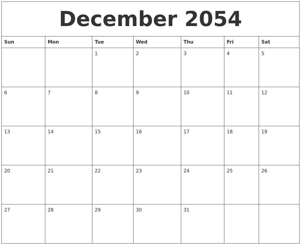 December 2054 Calendar For Printing