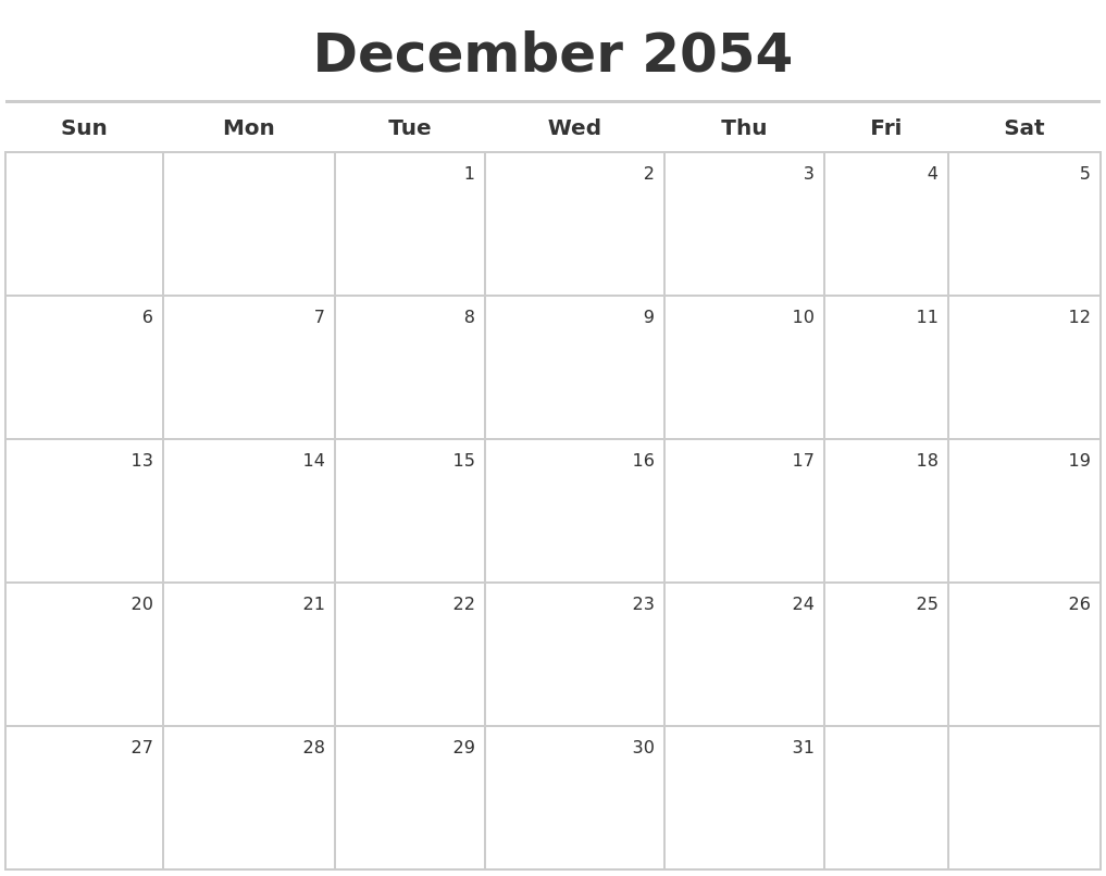 December 2054 Calendar Maker