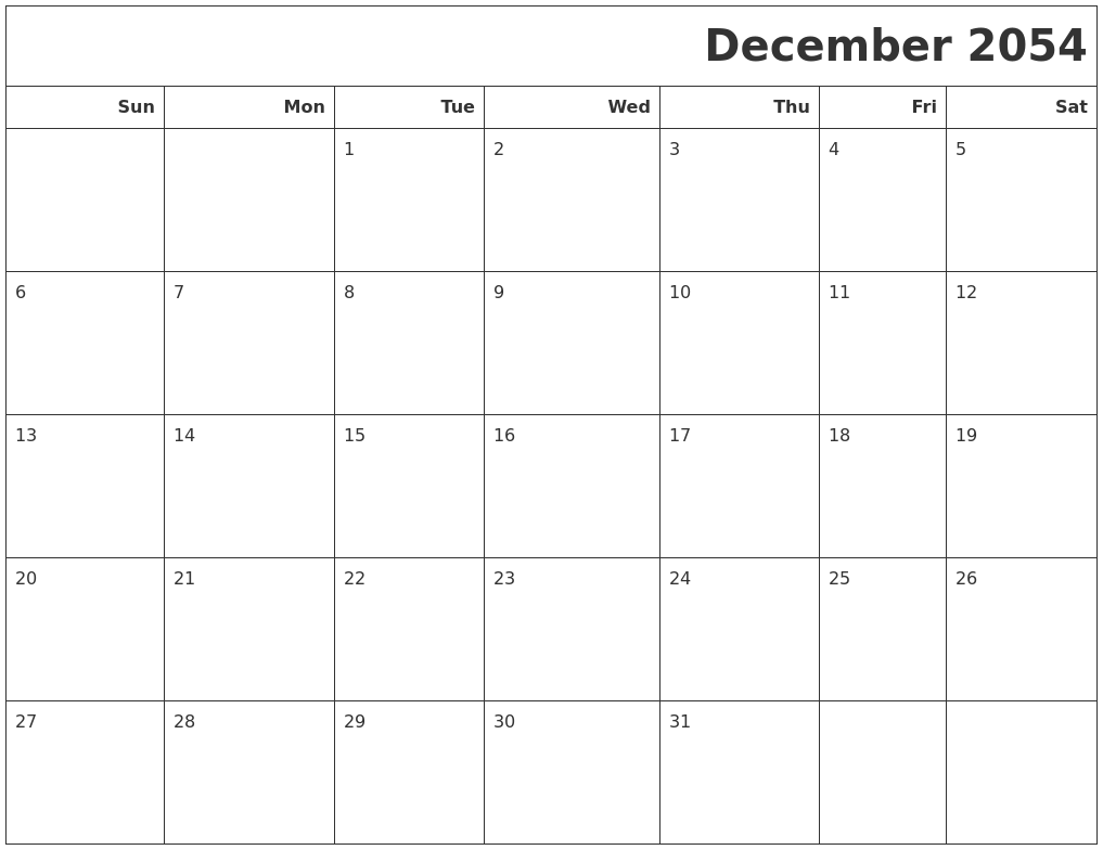 December 2054 Calendars To Print