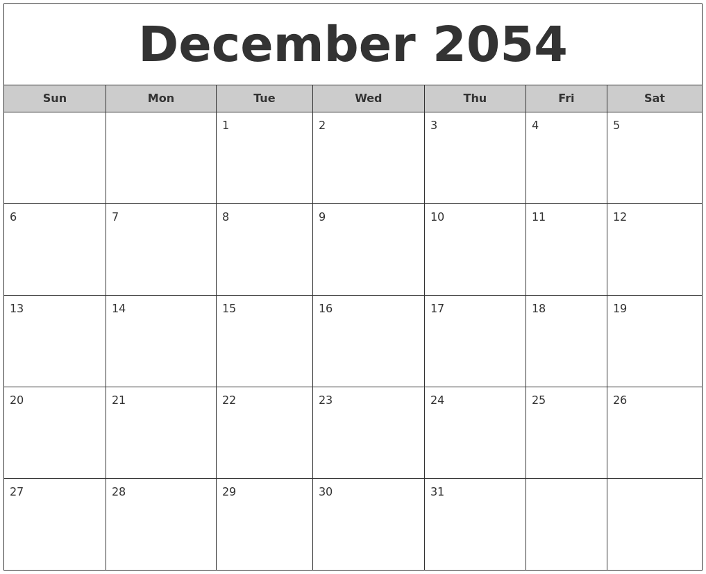 December 2054 Free Monthly Calendar