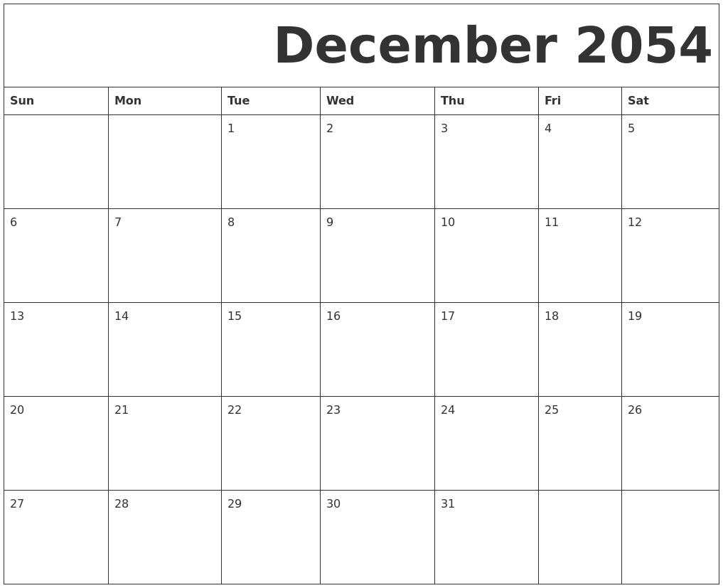 December 2054 Free Printable Calendar