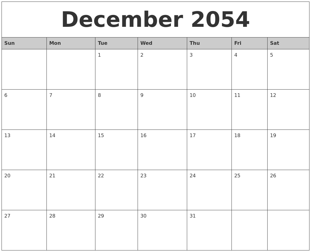 December 2054 Monthly Calendar Printable