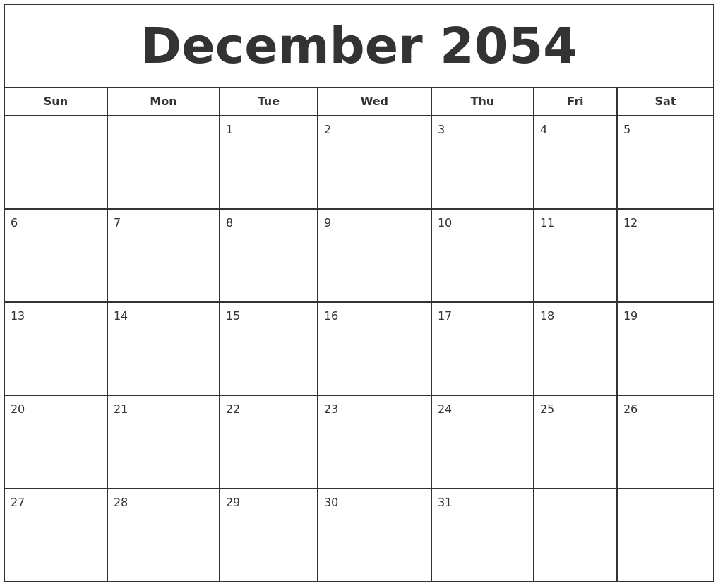 December 2054 Print Free Calendar