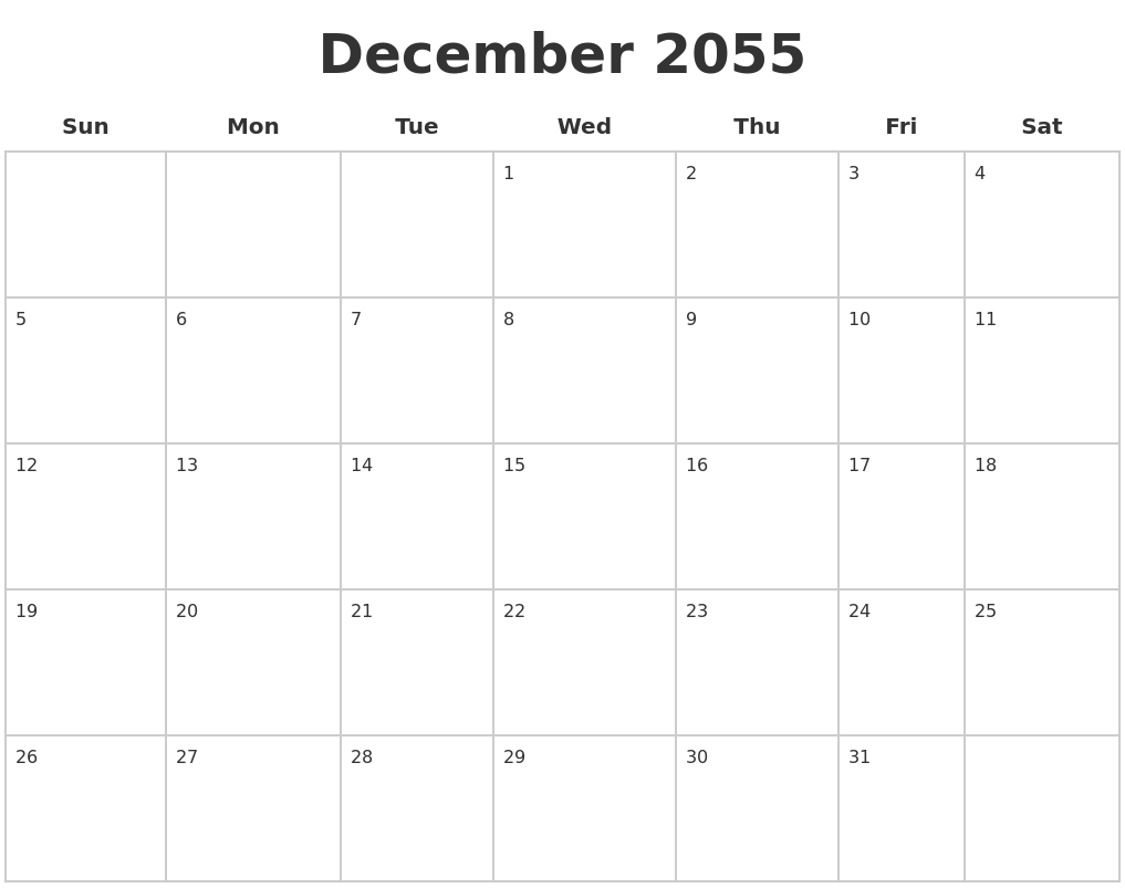 December 2055 Blank Calendar Pages