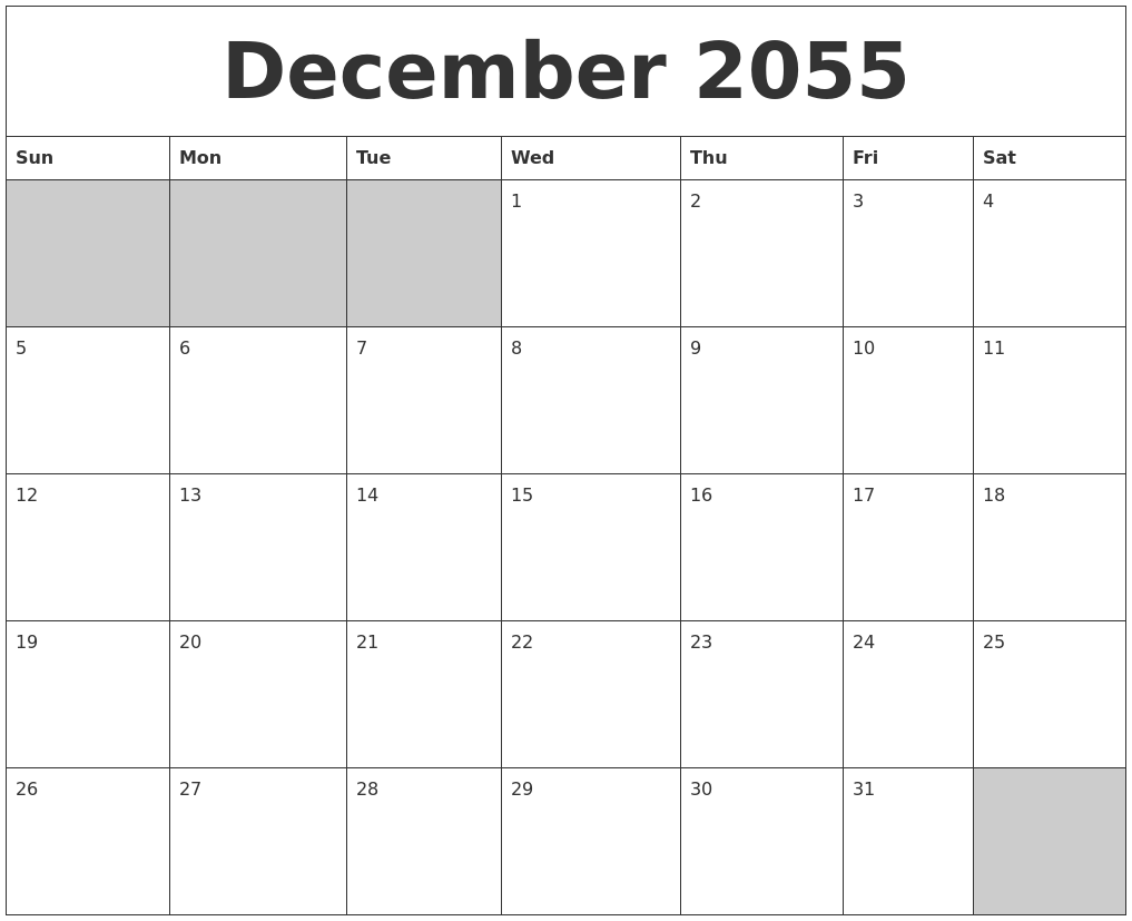 December 2055 Blank Printable Calendar