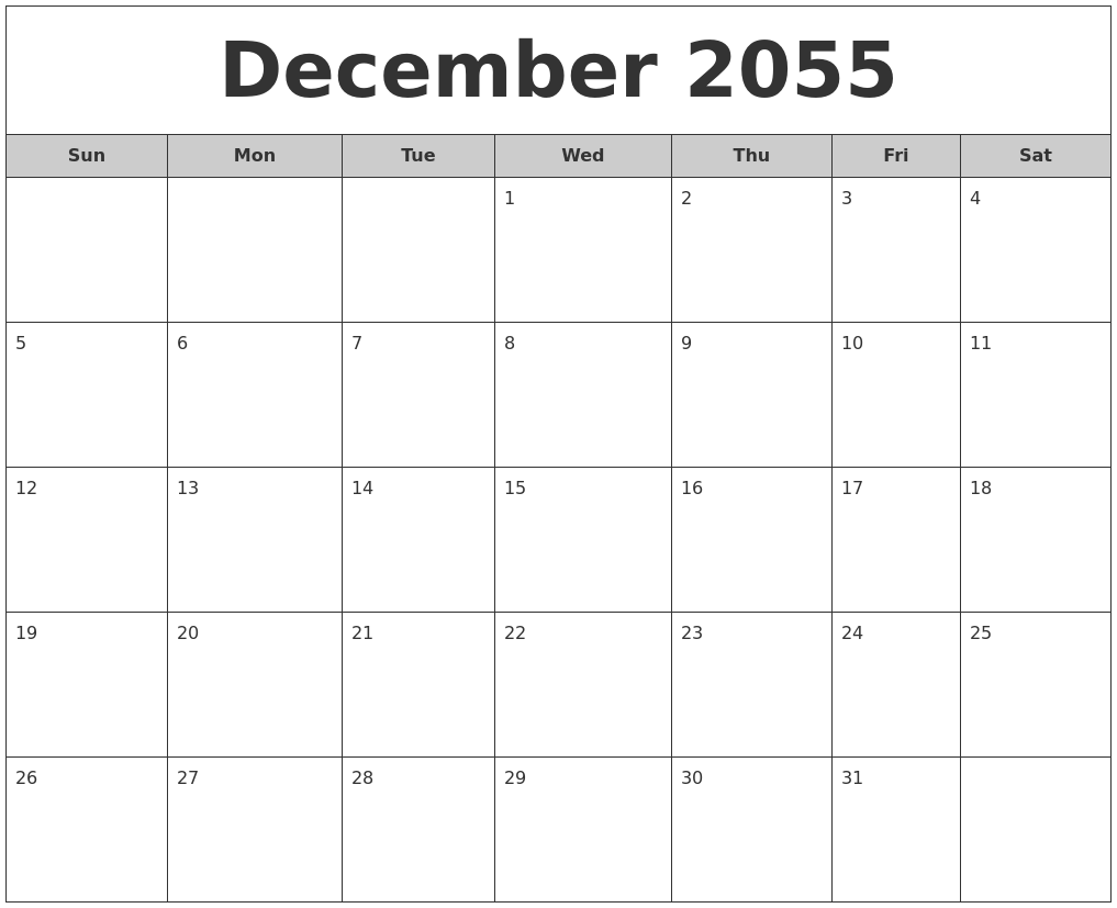 December 2055 Free Monthly Calendar