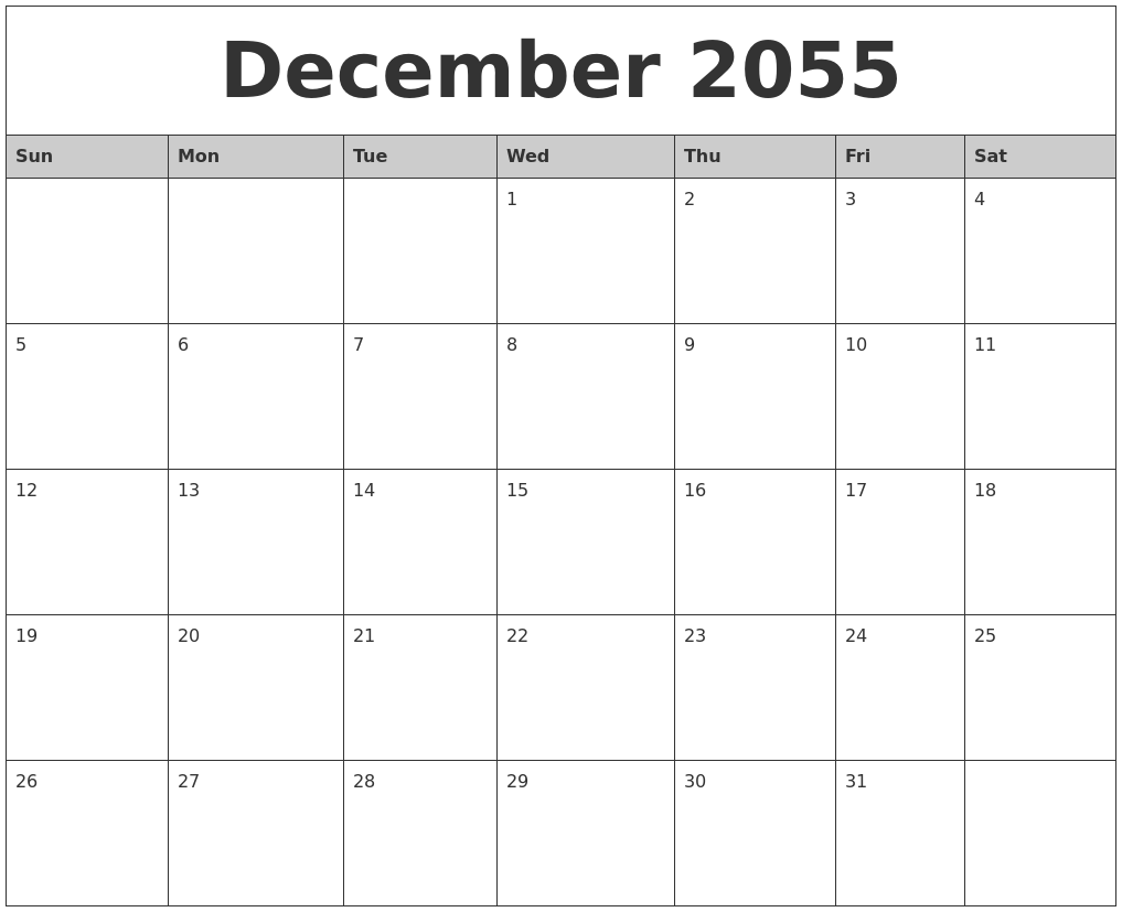 December 2055 Monthly Calendar Printable