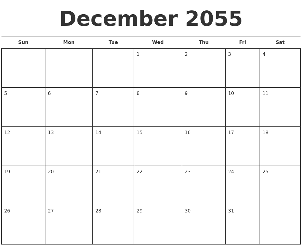 December 2055 Monthly Calendar Template