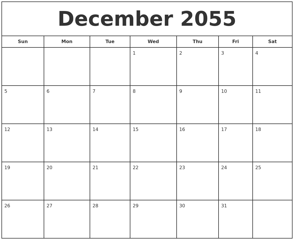 December 2055 Print Free Calendar