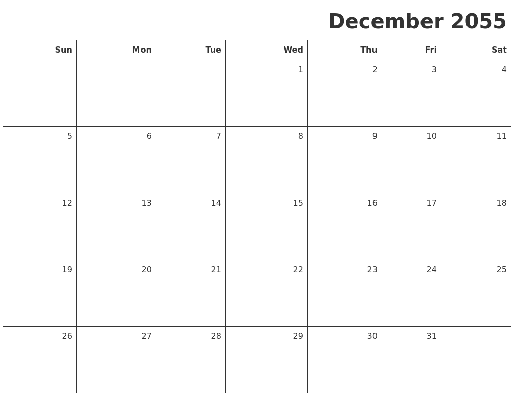 December 2055 Printable Blank Calendar